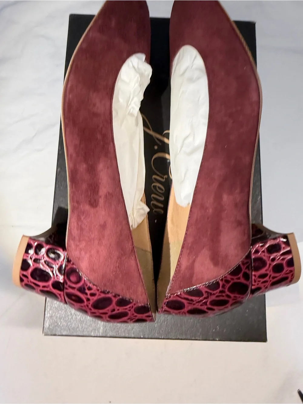 J. Crew Classic Women's Suede Pumps w Stamped Croc Heel. 8Wmn. Vintage Cabernet